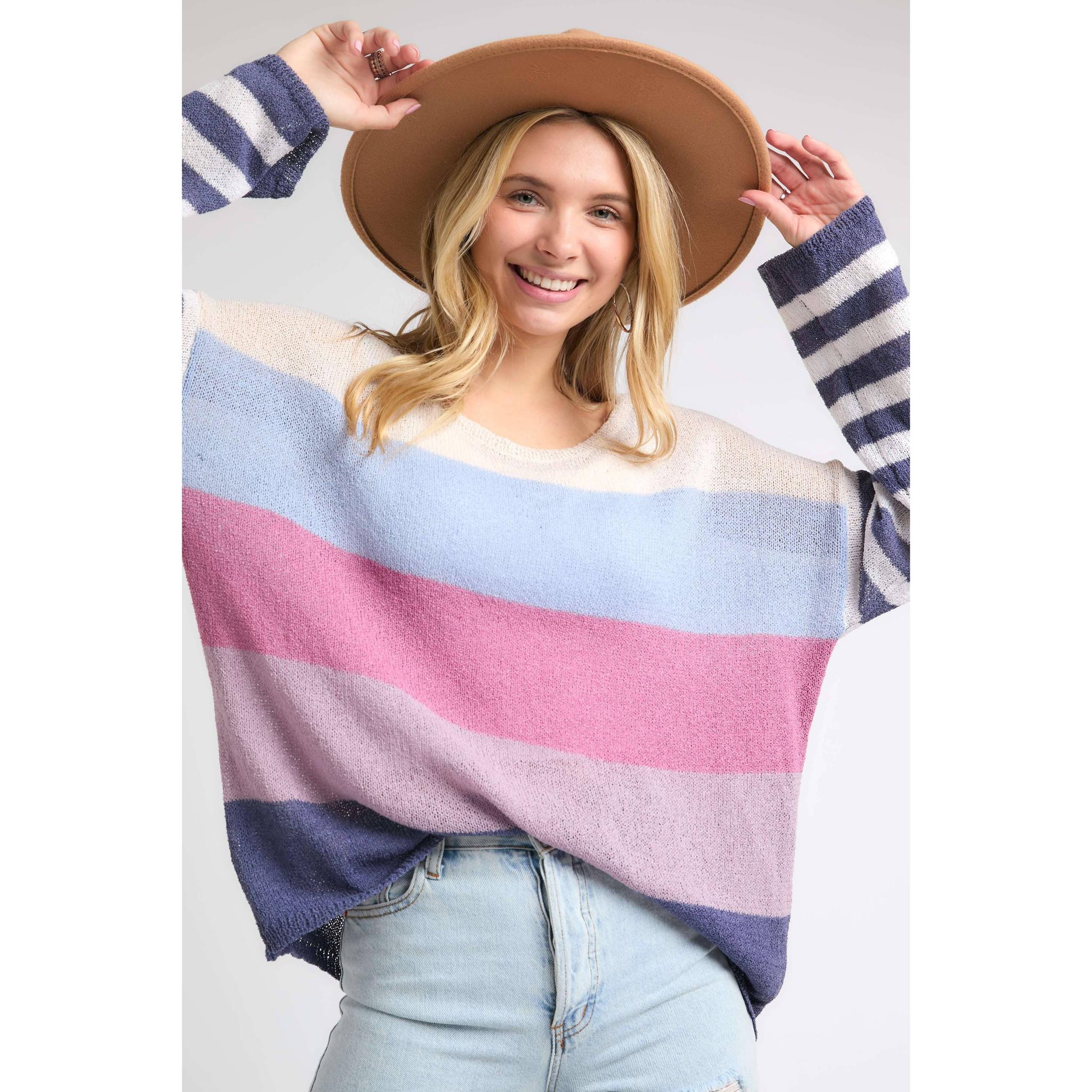 Stripe Comfy Sweater Top in Lavender Multicolor | Round Neck Knit Sweater [Sizes SM-L]