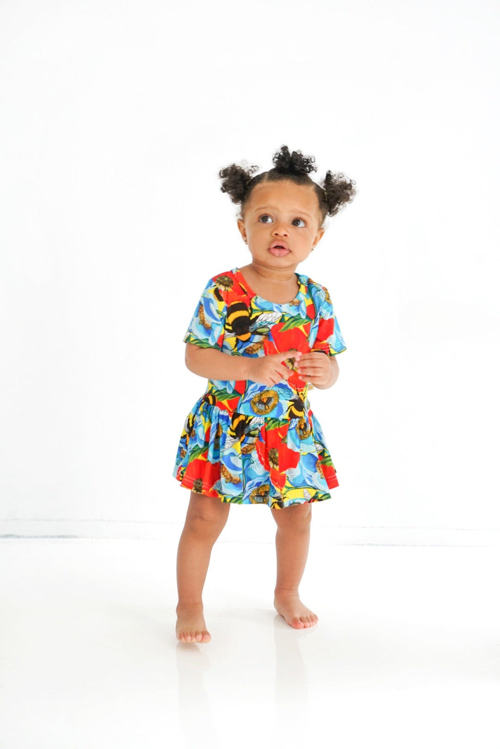 Summer Floral Bumble Bee Baby Girl Short Sleeve Bodysuit Dress