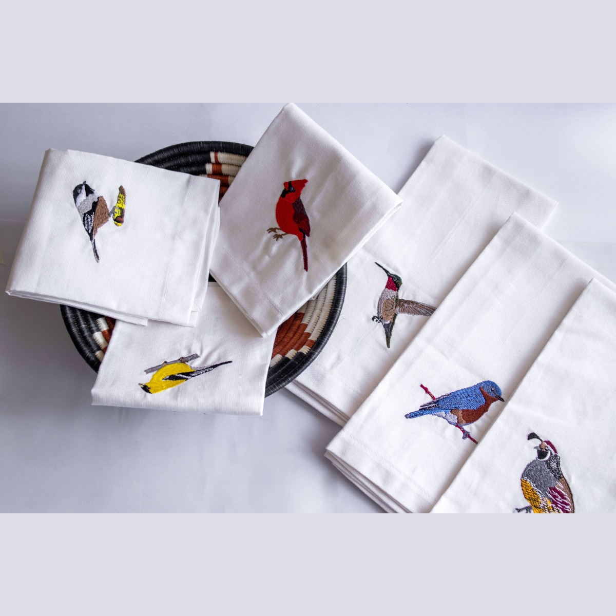 100% Cotton Tea Towels with Bird Embroidery - Kitchen Towels
