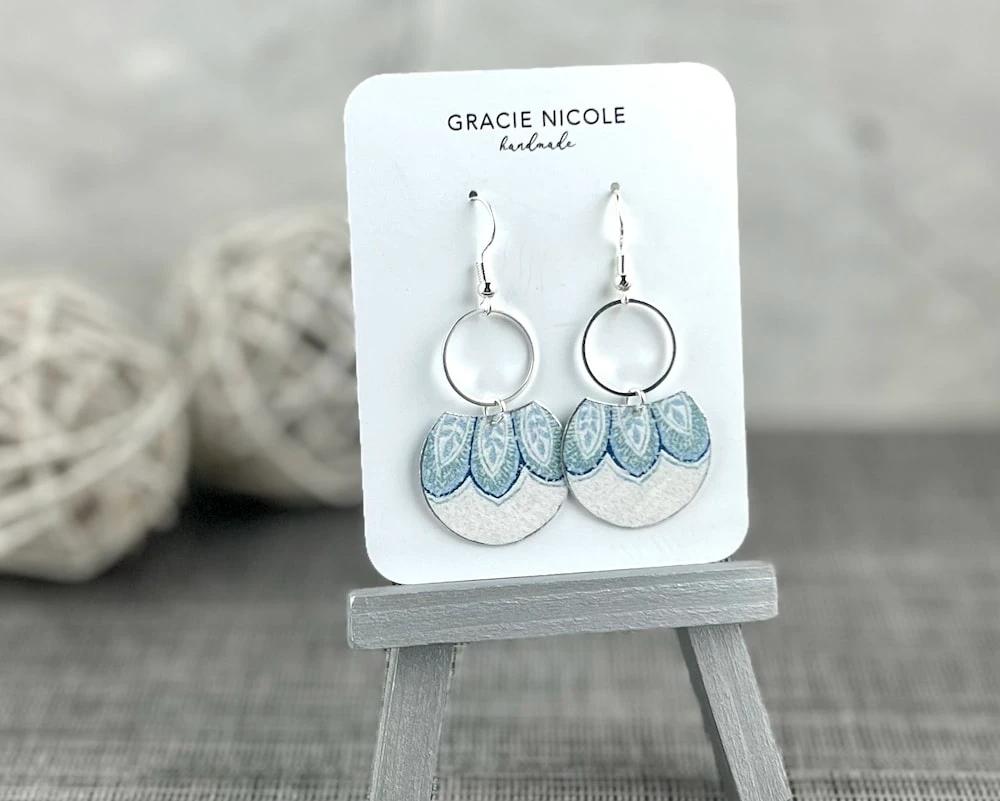 Sweet Blue and Silver Earrings with Floral Leaf Print by Gracie Nicole