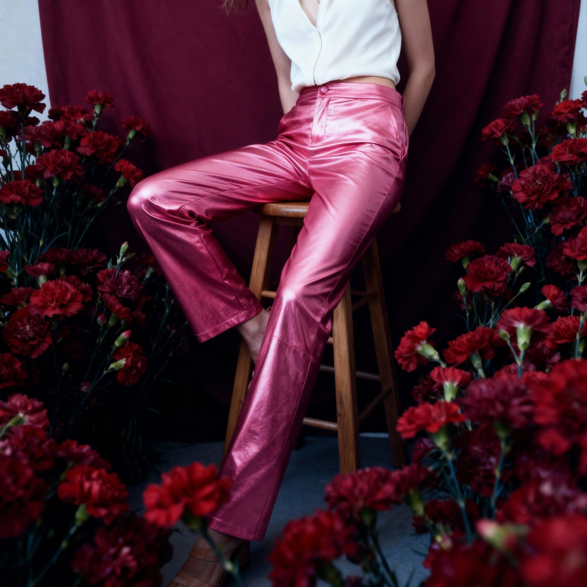 Synthetic Leather Metallic-Accented Slim-Fit Trouser in Pink