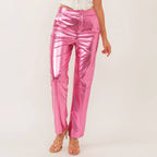 Synthetic Leather Metallic-Accented Slim-Fit Trouser in Pink by The Bullish Store