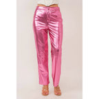 Synthetic Leather Metallic-Accented Slim-Fit Trouser in Pink by The Bullish Store