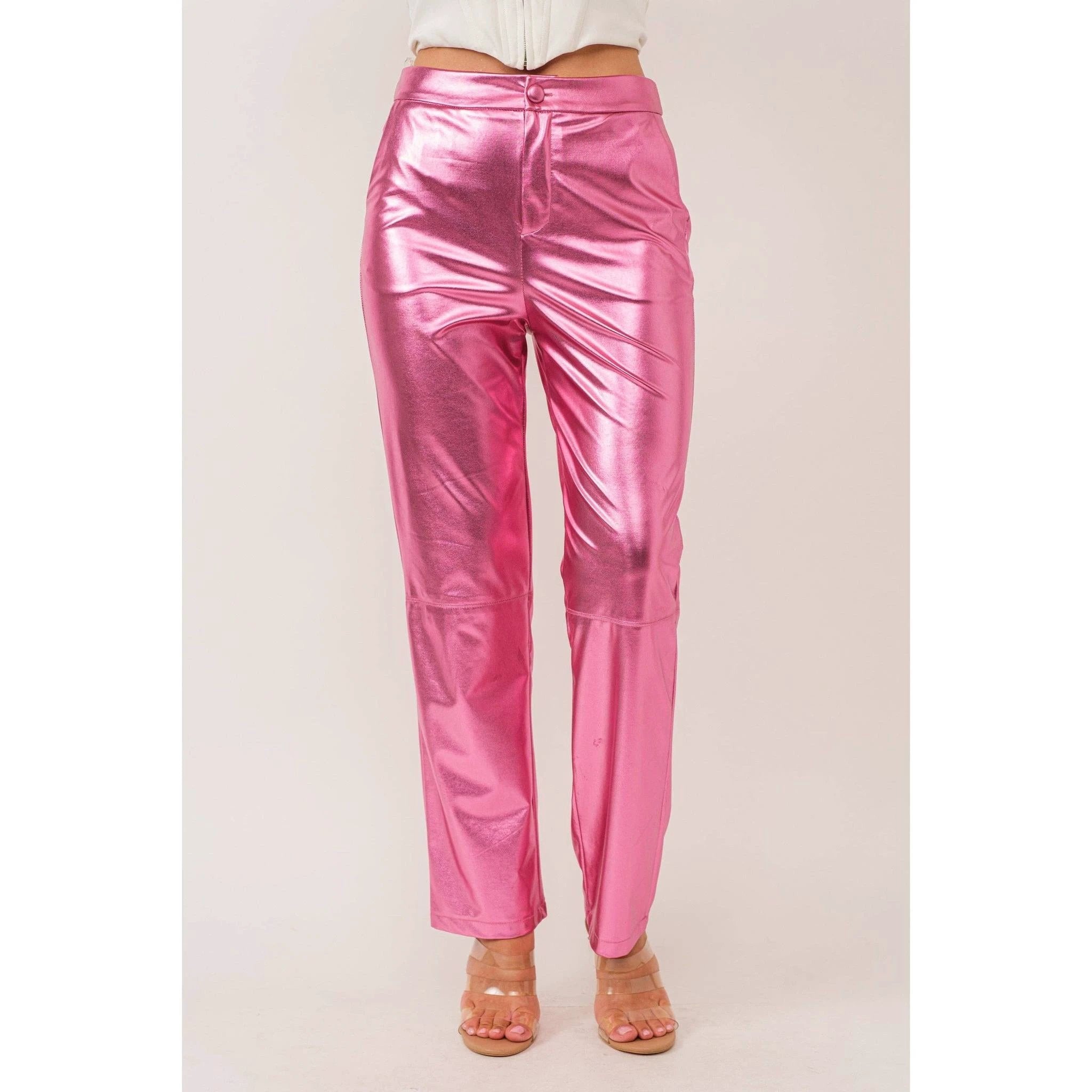 Synthetic Leather Metallic-Accented Slim-Fit Trouser in Pink by The Bullish Store