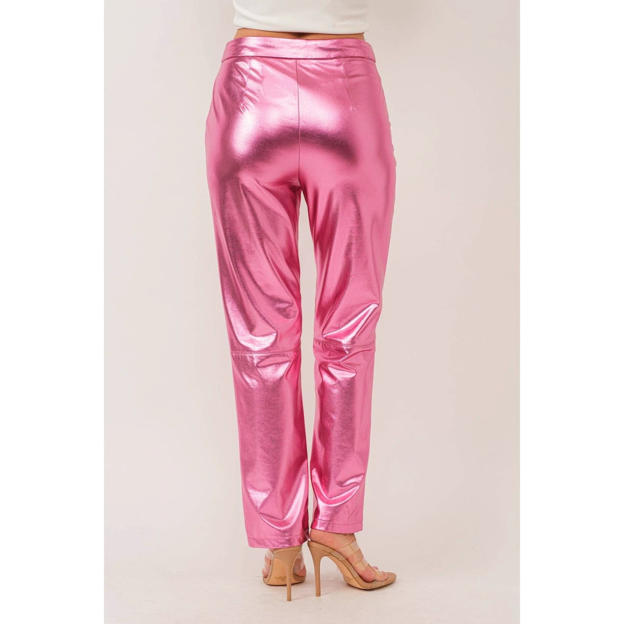 Synthetic Leather Metallic-Accented Slim-Fit Trouser in Pink by The Bullish Store