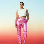 Synthetic Leather Metallic-Accented Slim-Fit Trouser in Pink by The Bullish Store