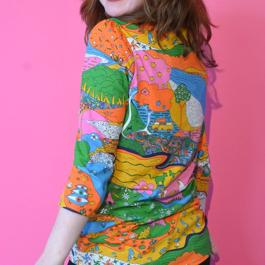 Landscape Print 3/4 Sleeve Tee in Rainbow Farm by Blue Platypus Clothing