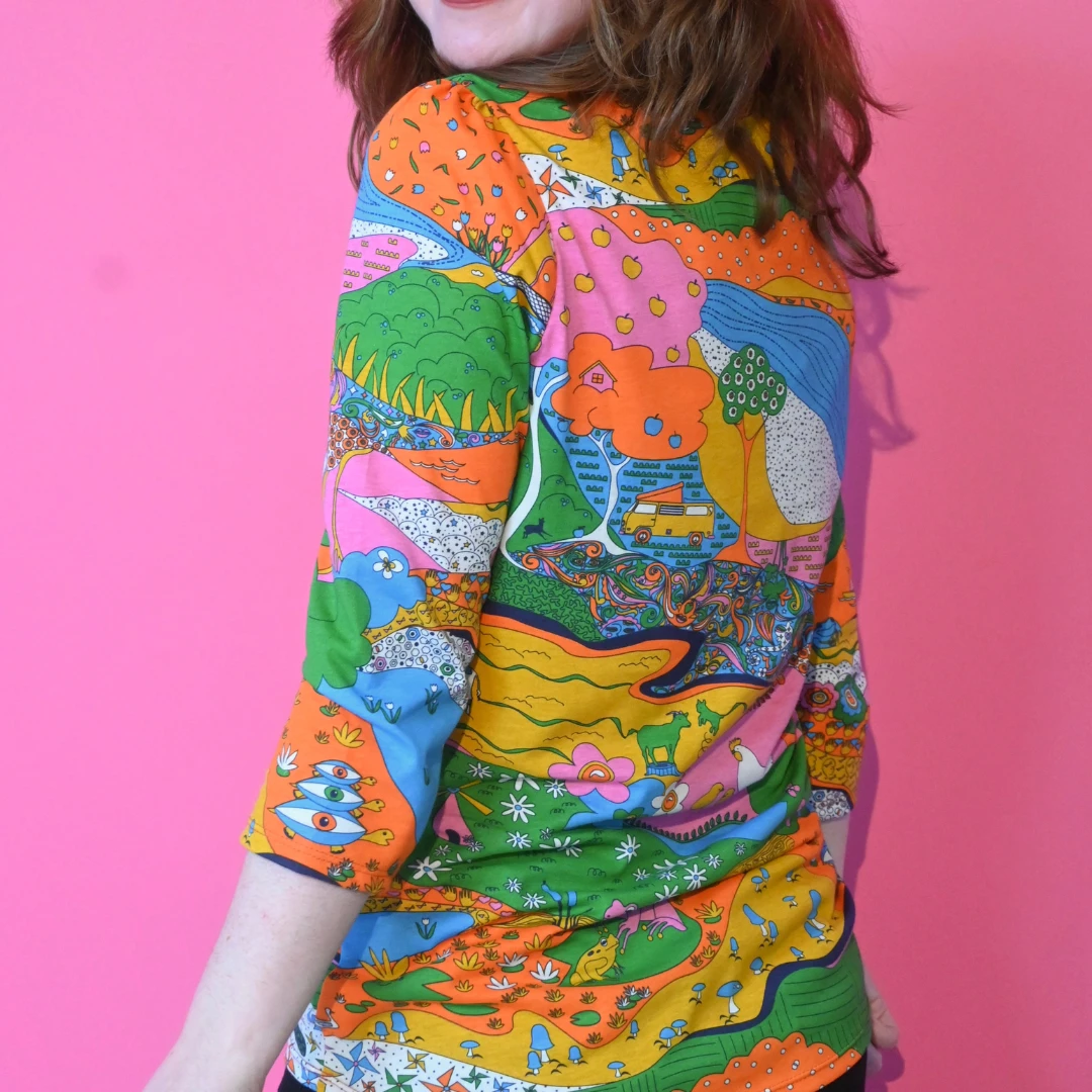 Landscape Print 3/4 Sleeve Tee in Rainbow Farm by Blue Platypus Clothing