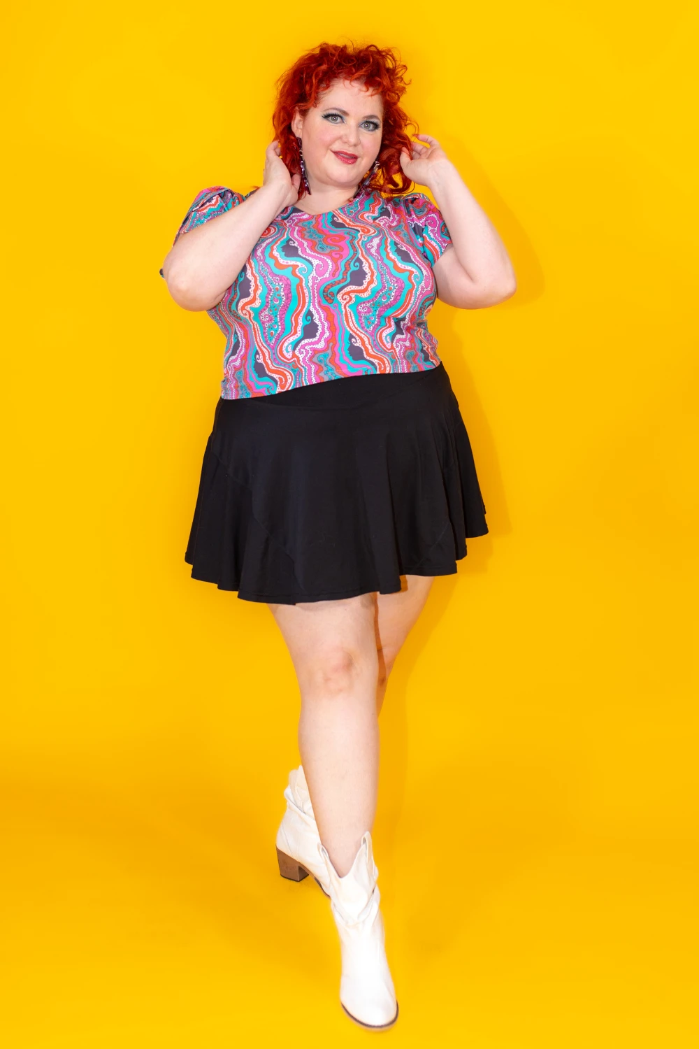 Geode Print Cropped Tulip Sleeve in Aqua Swirl by Blue Platypus Clothing