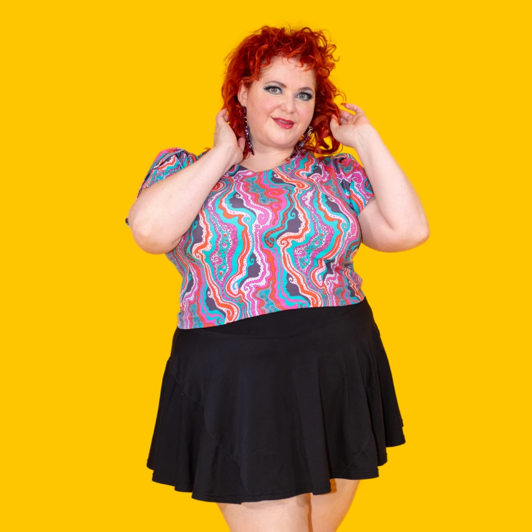 Geode Print Cropped Tulip Sleeve in Aqua Swirl by Blue Platypus Clothing