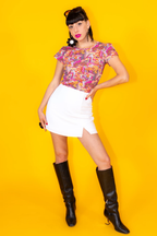 Groovy Mushroom Print Cropped Tulip Sleeve in Sunset by Blue Platypus Clothing