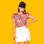 Groovy Mushroom Print Cropped Tulip Sleeve in Sunset by Blue Platypus Clothing