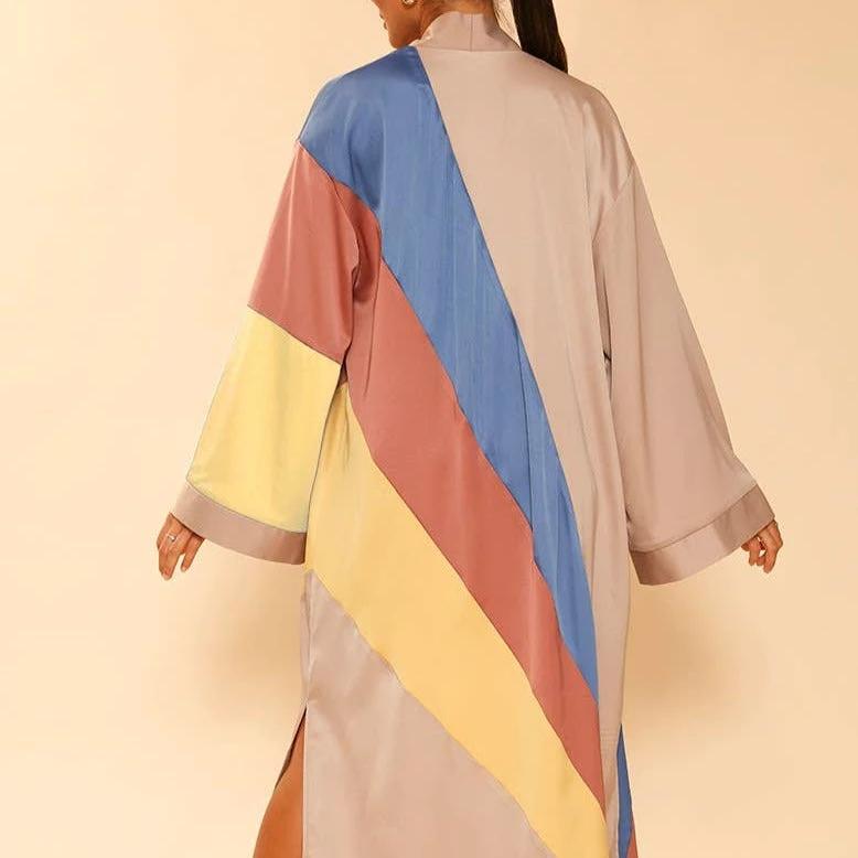 Tan Retro Stripe Kimono Big Long Textured Satin Duster [Size SM & L Remaining] by The Bullish Store