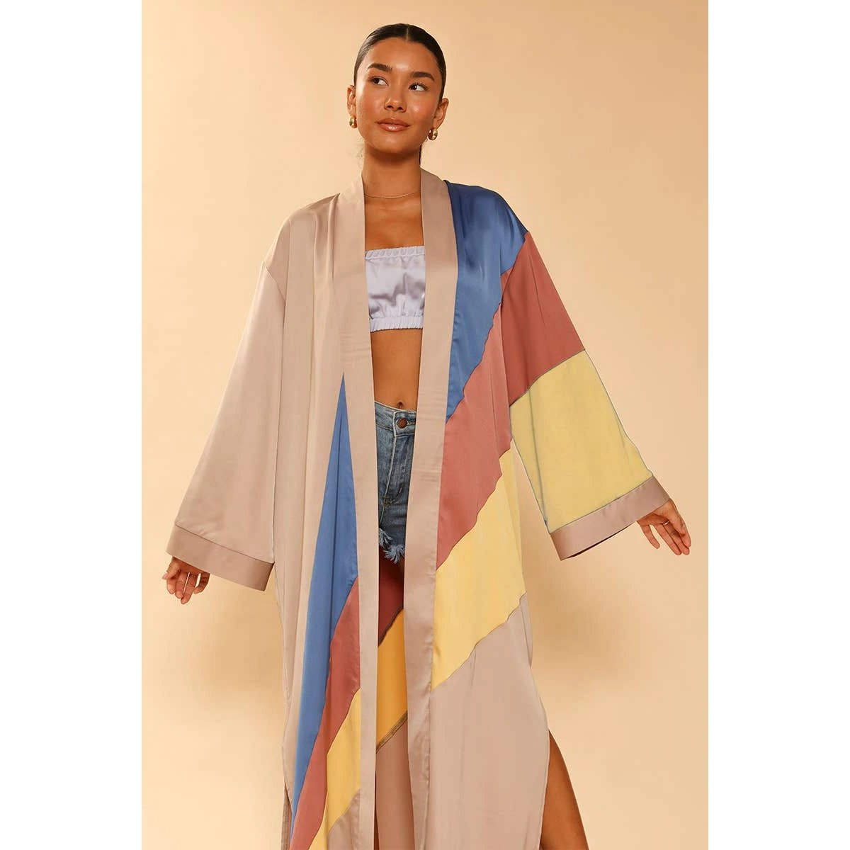 Tan Retro Stripe Kimono Big Long Textured Satin Duster [Size SM & L Remaining] by The Bullish Store