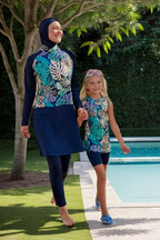 Marina Girls Modest Swimwear - Colorful/Navy Blue - K2403