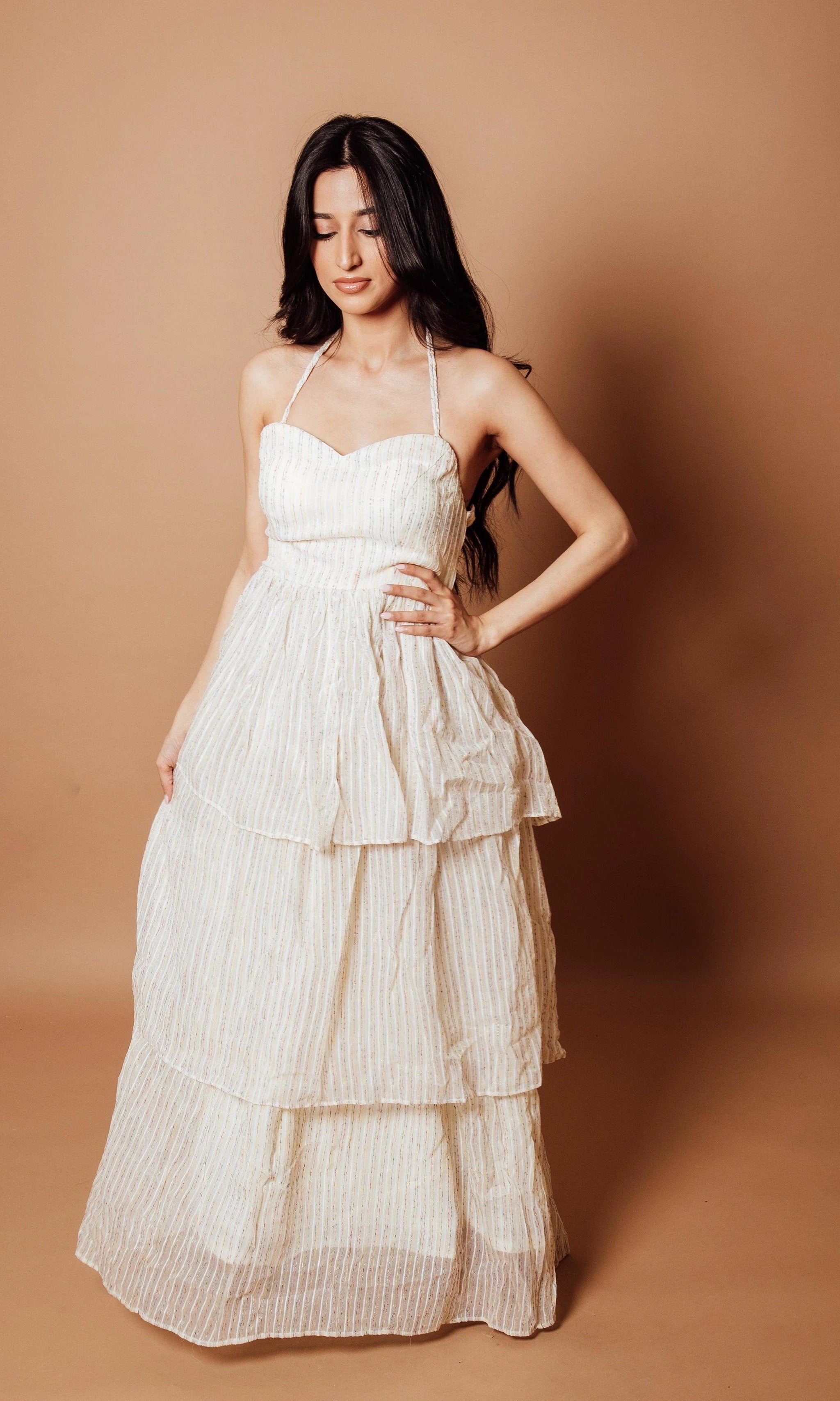 Wynn Tiered White Long Dress by Raas