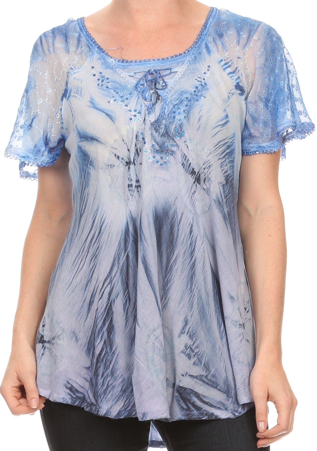 Sakkas Taylay Ombre Tie Dye Batik Long Embroidered Corset Neck Blouse Shirt Top - Buy One Get One