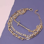 Triple Multi Bracelets with Large Cross Charm Pendant | Gold Tone Fashion Jewelry by The Bullish Store