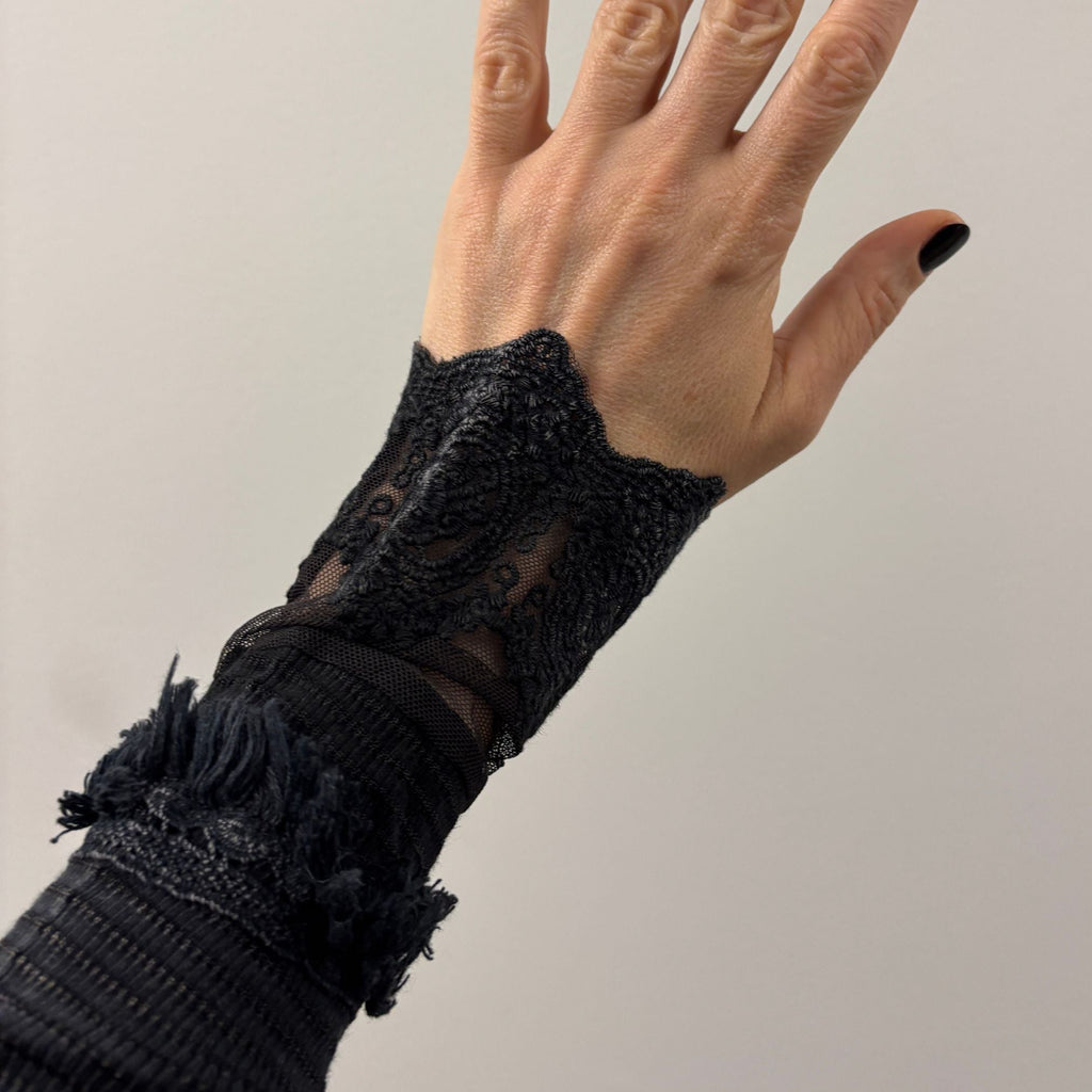 Ultimate '90s Princess Grunge Waffle Dress in Black with Lace Mesh Sleeve Detail | Y2K Mall Goth Long Sleeve Fall Winter Dress [SM-XL]