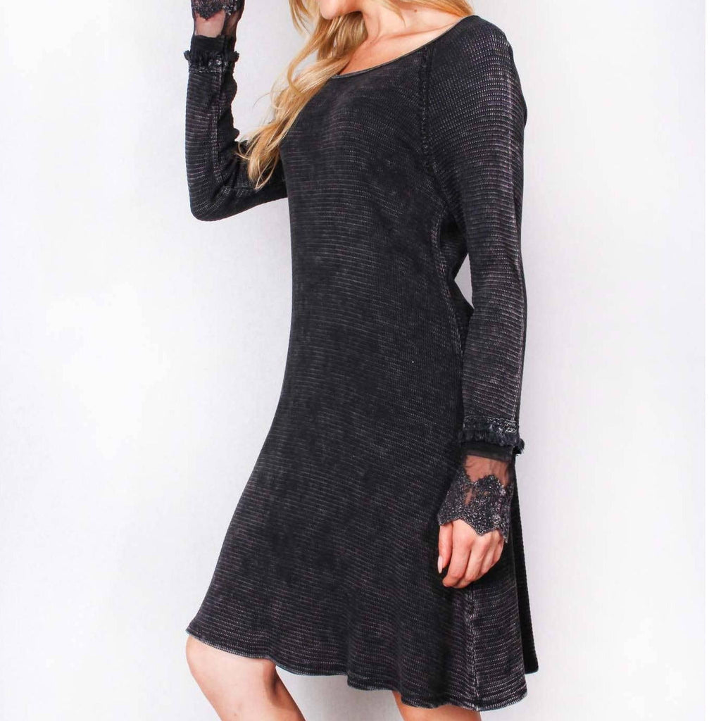 Ultimate '90s Princess Grunge Waffle Dress in Black with Lace Mesh Sleeve Detail | Y2K Mall Goth Long Sleeve Fall Winter Dress [SM-XL]