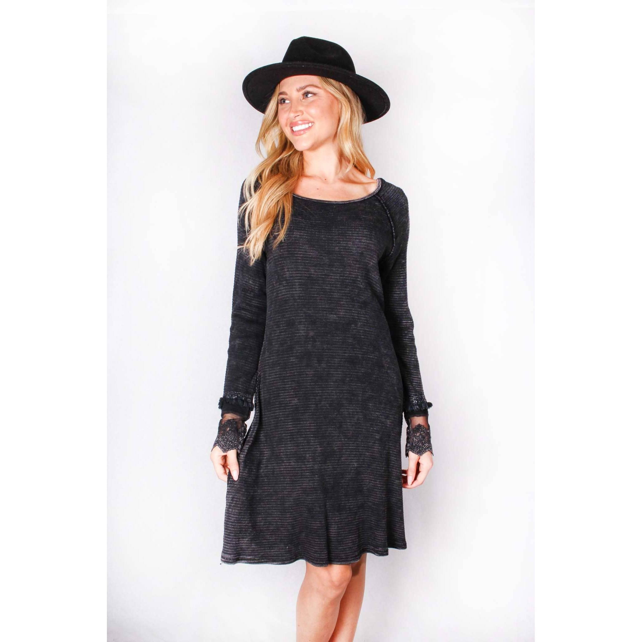 Ultimate '90s Princess Grunge Waffle Dress in Black with Lace Mesh Sleeve Detail | Y2K Mall Goth Long Sleeve Fall Winter Dress [SM-XL]