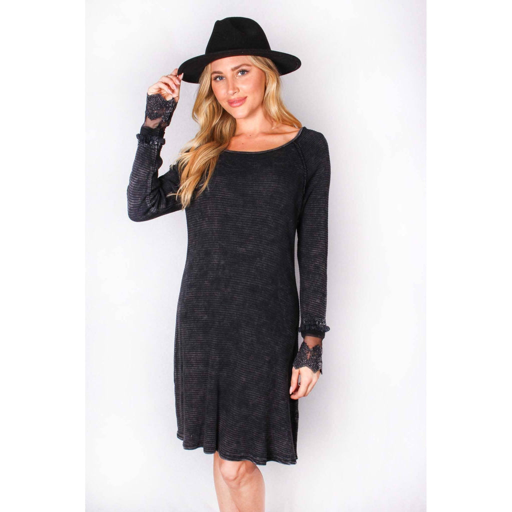 Ultimate '90s Princess Grunge Waffle Dress in Black with Lace Mesh Sleeve Detail | Y2K Mall Goth Long Sleeve Fall Winter Dress [SM-XL]