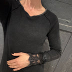 Ultimate '90s Princess Grunge Waffle Dress in Black with Lace Mesh Sleeve Detail | Y2K Mall Goth Long Sleeve Fall Winter Dress [SM-XL]
