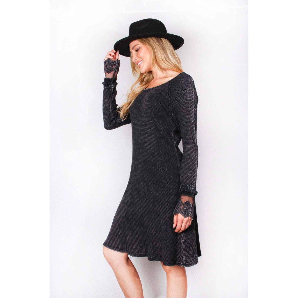 Ultimate '90s Princess Grunge Waffle Dress in Black with Lace Mesh Sleeve Detail | Y2K Mall Goth Long Sleeve Fall Winter Dress [SM-XL]