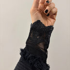 Ultimate '90s Princess Grunge Waffle Dress in Black with Lace Mesh Sleeve Detail | Y2K Mall Goth Long Sleeve Fall Winter Dress [SM-XL]