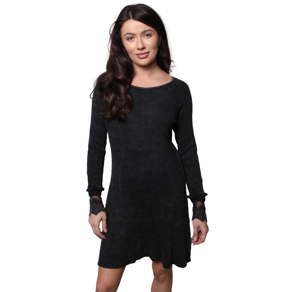Ultimate '90s Princess Grunge Waffle Dress in Black with Lace Mesh Sleeve Detail | Y2K Mall Goth Long Sleeve Fall Winter Dress [SM-XL]