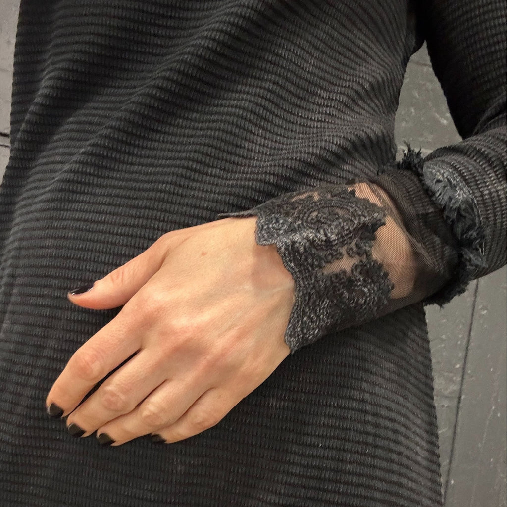 Ultimate '90s Princess Grunge Waffle Dress in Black with Lace Mesh Sleeve Detail | Y2K Mall Goth Long Sleeve Fall Winter Dress [SM-XL]