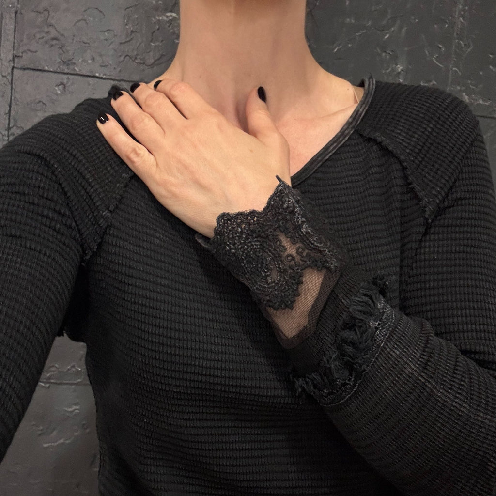 Ultimate '90s Princess Grunge Waffle Dress in Black with Lace Mesh Sleeve Detail | Y2K Mall Goth Long Sleeve Fall Winter Dress [SM-XL]