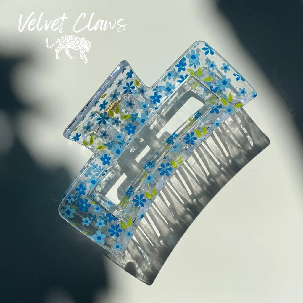 Velvet Claws Hair Clip | The Crystal in Blue Flowers Hair Claw by The Bullish Store