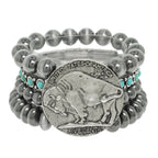 Vintage Style Buffalo Coin Pearl Bead Bracelet | Cowgirl Western Boho Bison Coin Beaded Stacked Stretch Bracelet