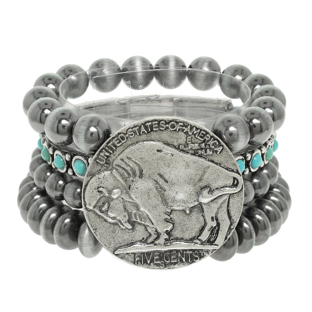 Vintage Style Buffalo Coin Pearl Bead Bracelet | Cowgirl Western Boho Bison Coin Beaded Stacked Stretch Bracelet