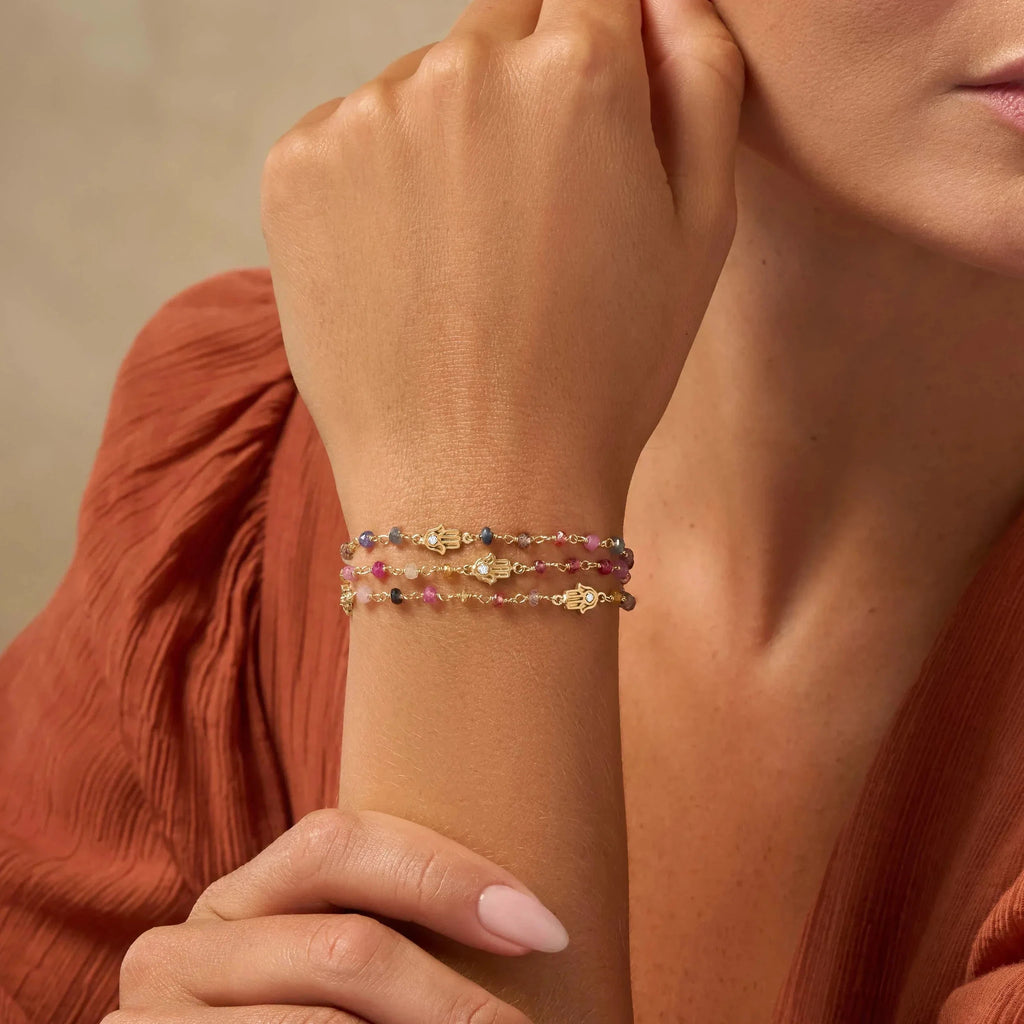 Nourished Intuition Multi-Sapphire Hamsa Gold Bracelet by Karma and Luck