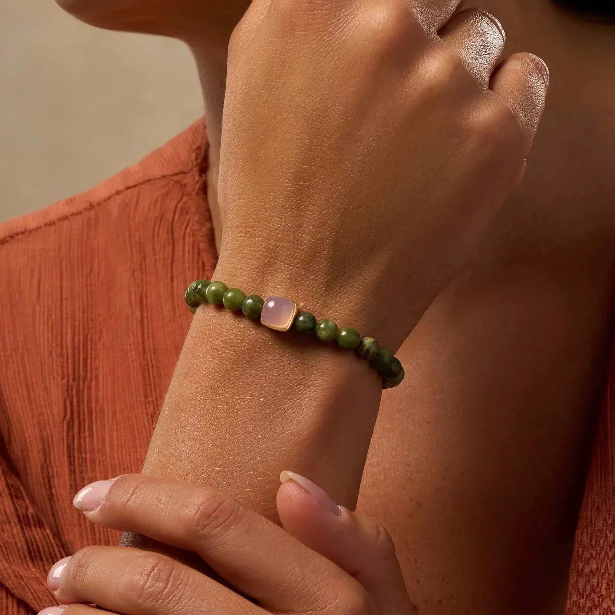 Peaceful Devotion Jade & Rose Quartz Bracelet by Karma and Luck