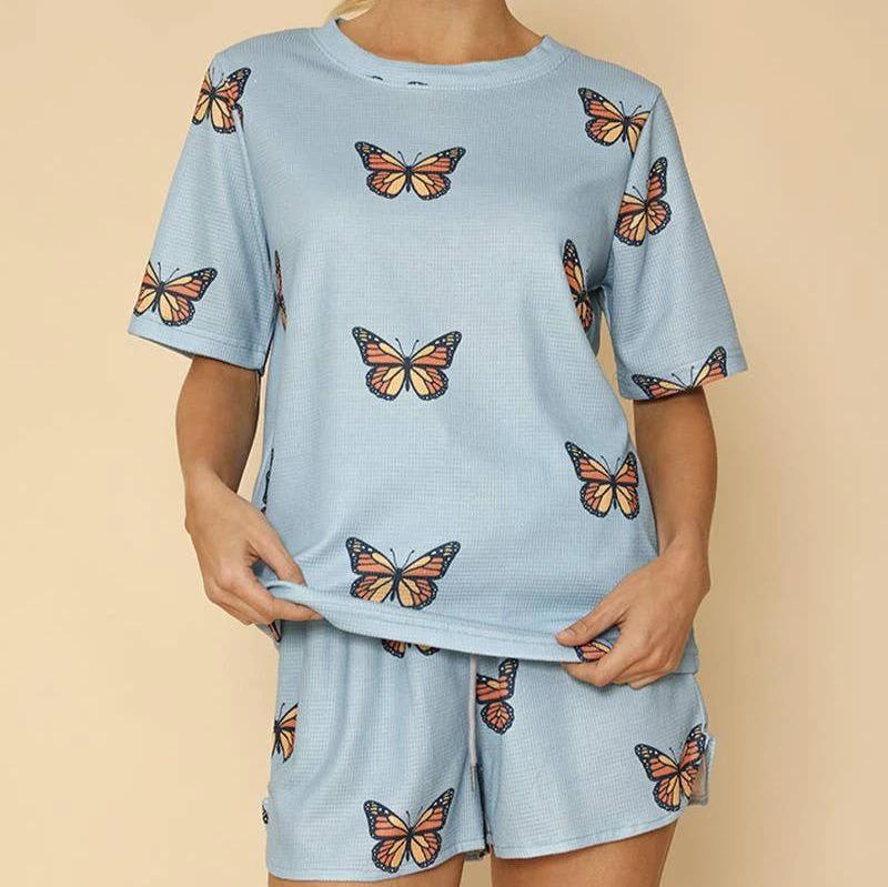 Waffle Fabric Printed Matching Shorts Set | Monarch Butterfly or Mushroom Print by The Bullish Store