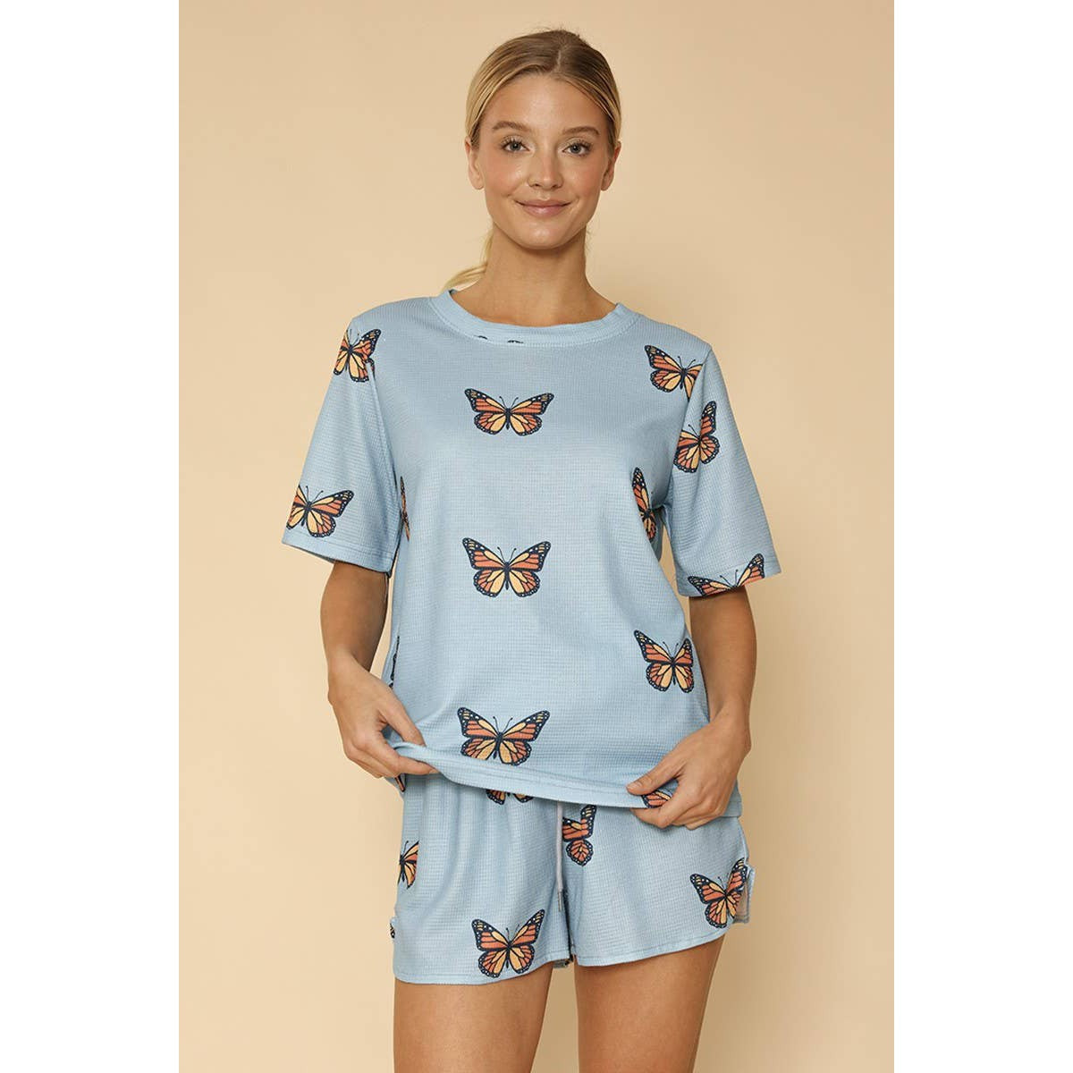 Waffle Fabric Printed Matching Shorts Set | Monarch Butterfly or Mushroom Print