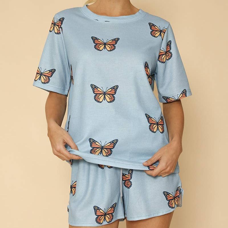 Waffle Fabric Printed Matching Shorts Set | Monarch Butterfly or Mushroom Print