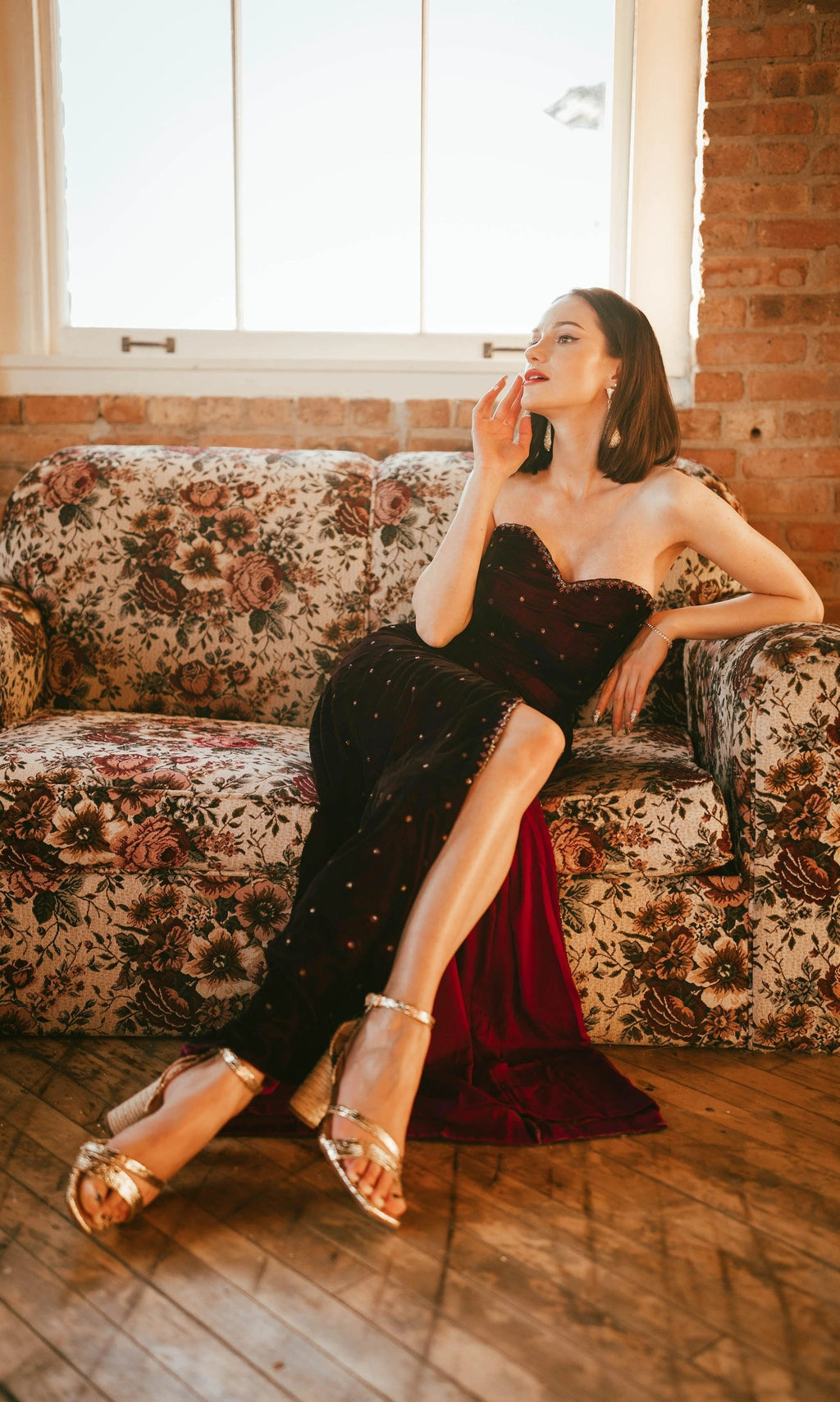 Lavina Velvet Long Dress with Slit by Raas