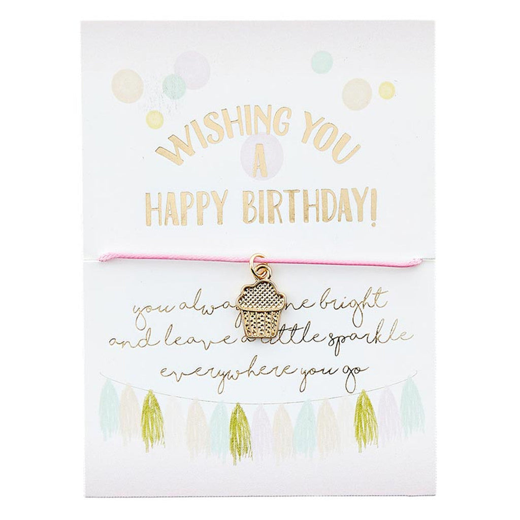 Wishing You a Happy Birthday Cupcake Charm Cord Bracelet on a Gift Card