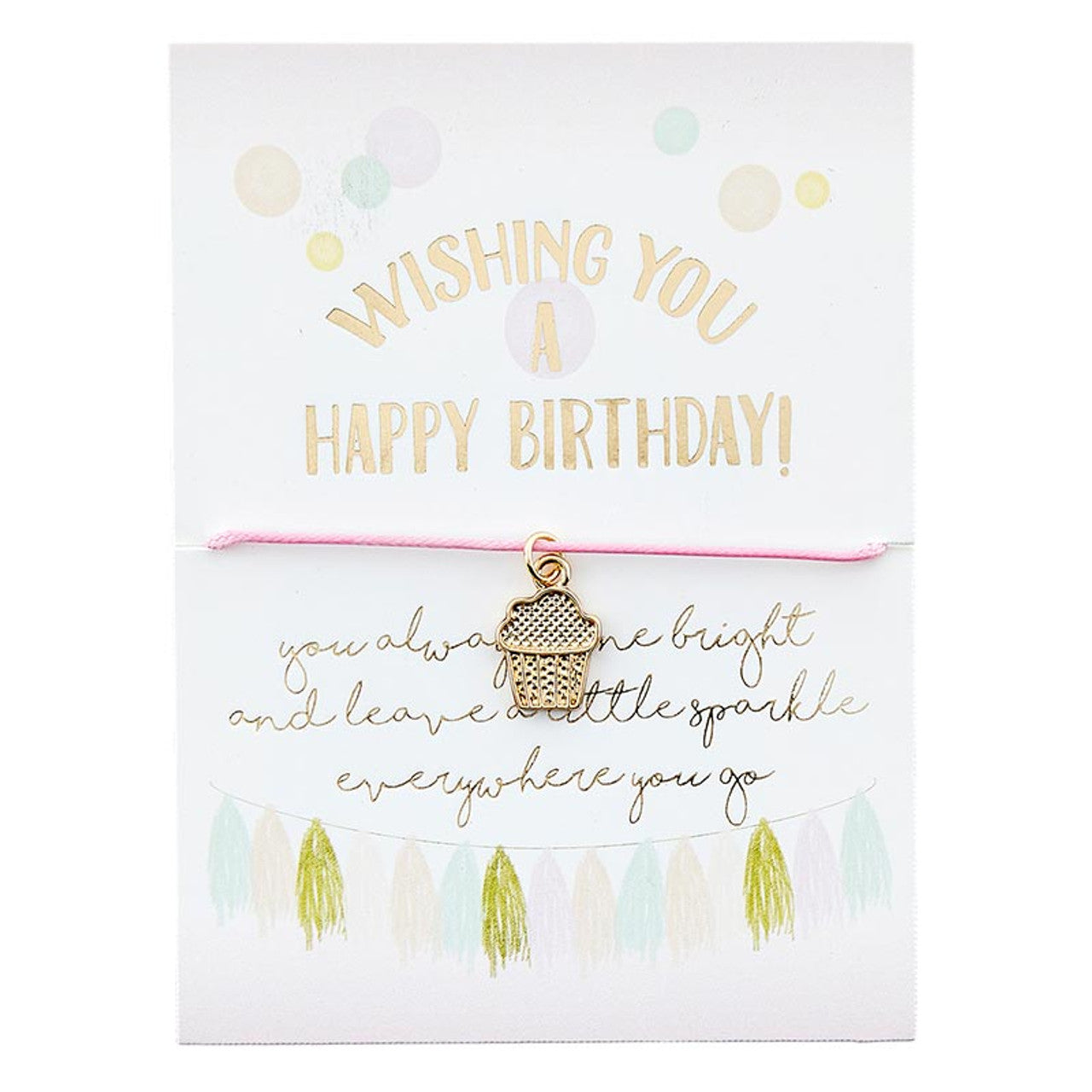 Wishing You a Happy Birthday Cupcake Charm Cord Bracelet on a Gift Card