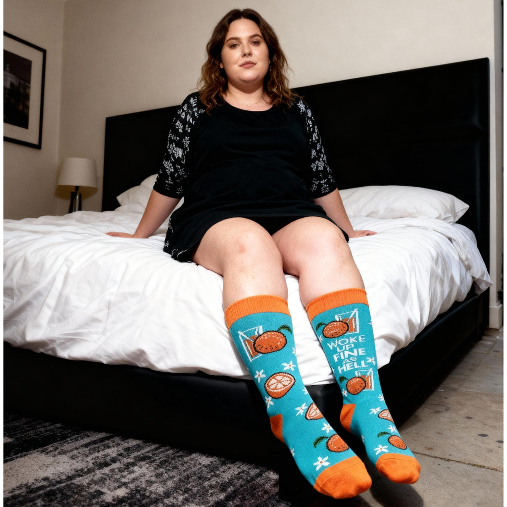 Woke Up Fine As Hell Socks in Blue | Orange Juice Illustration | Gift for Her