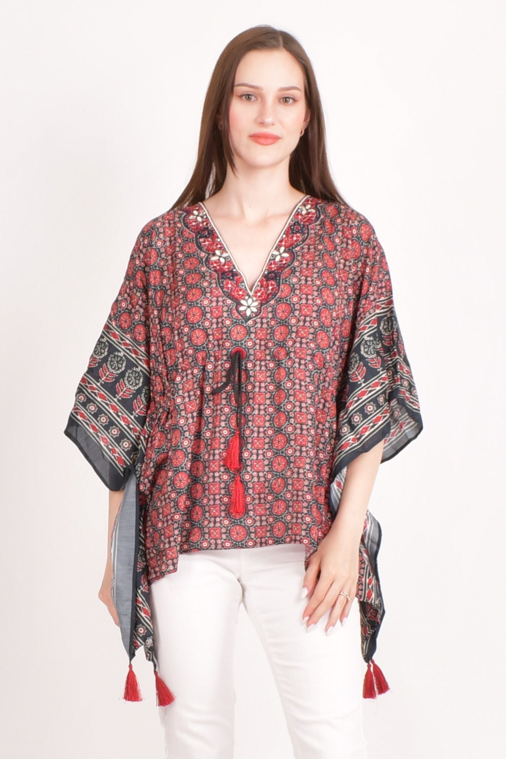 Yana Embroidered Ajrakh Kaftan Top