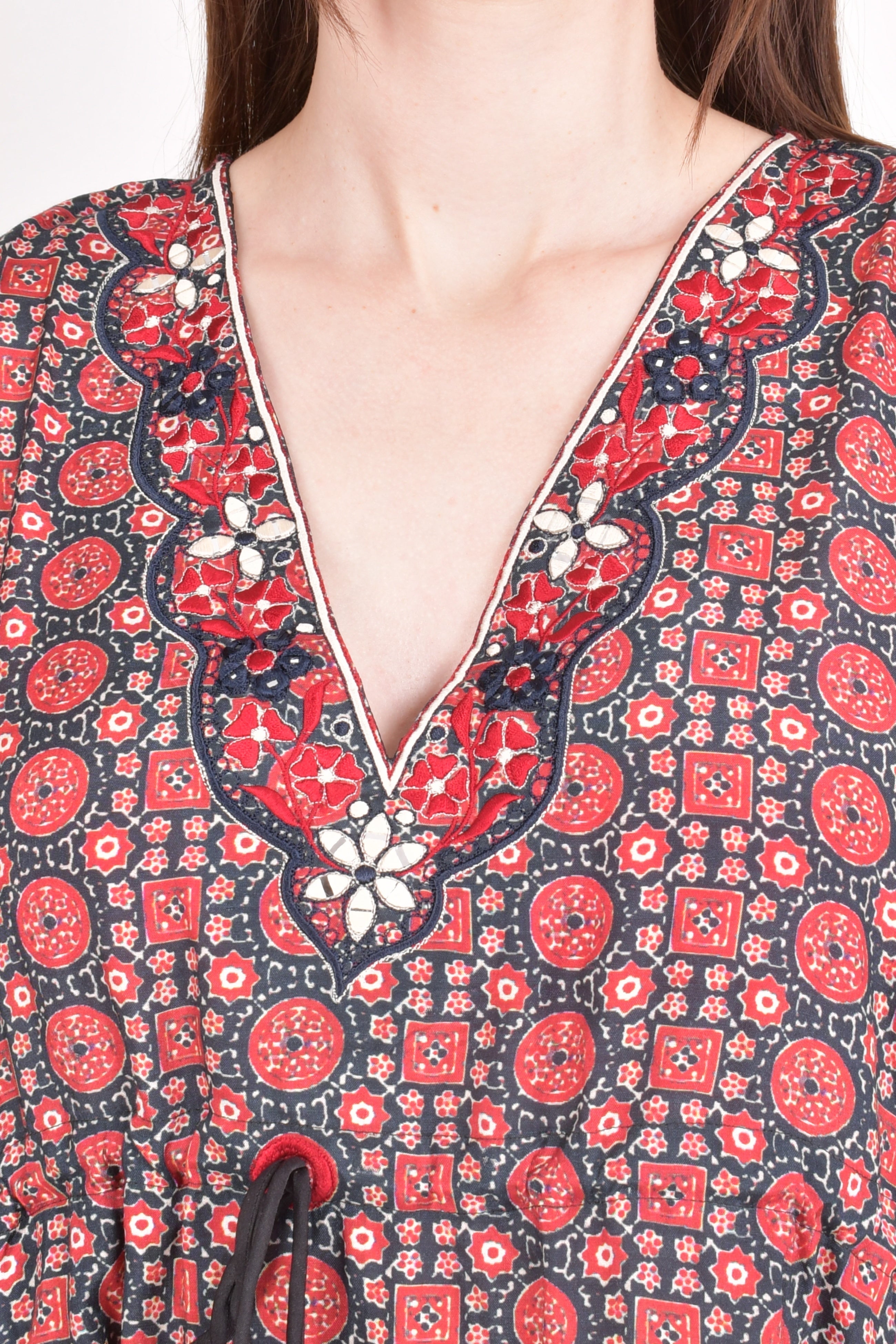 Yana Embroidered Ajrakh Kaftan Top