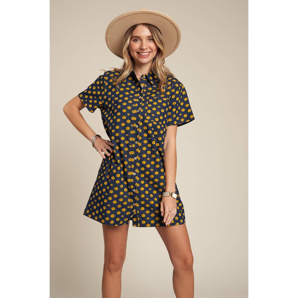 Yellow Flowers Button Down Denim Shirt Dress | Fashion Mini Dress [Available in SM]