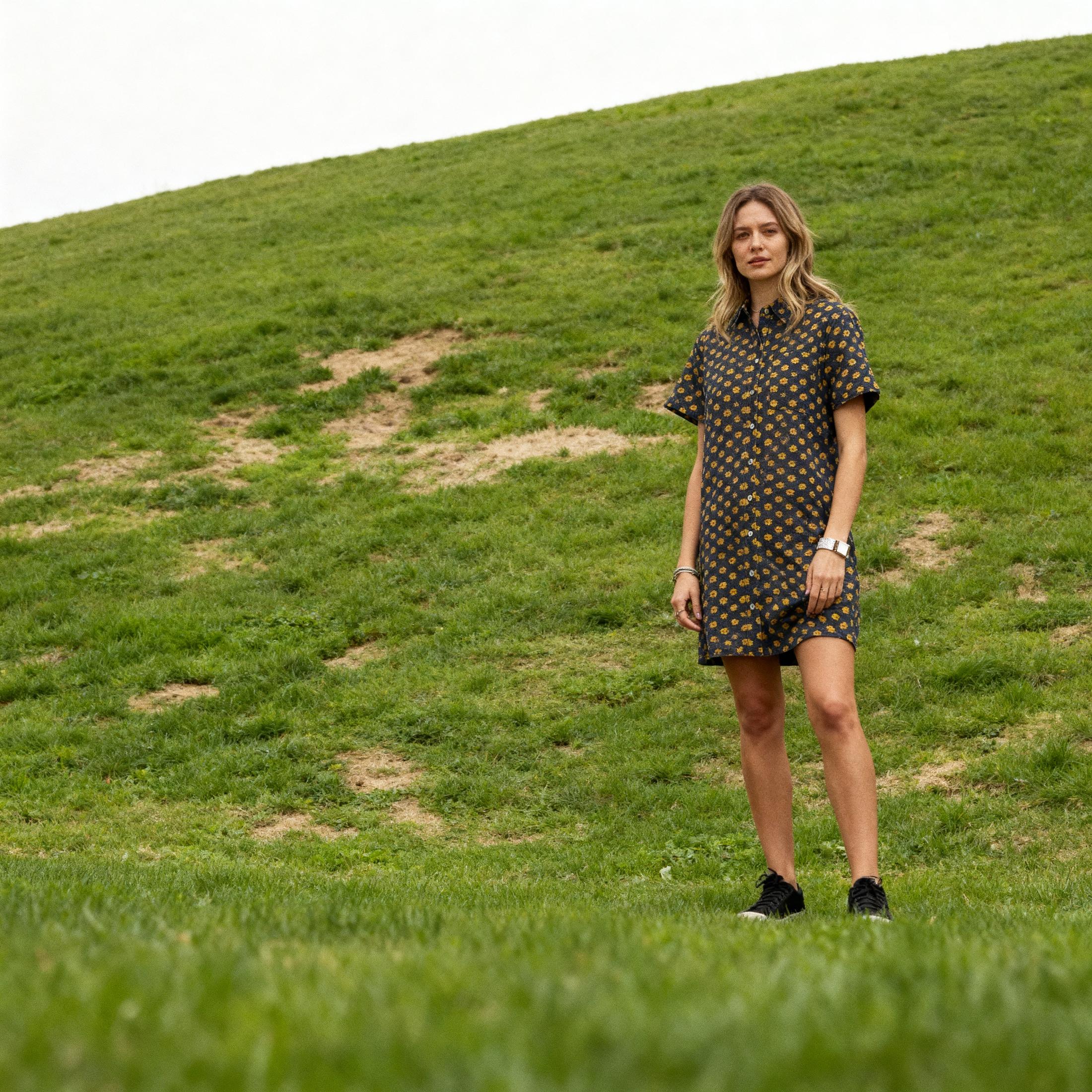 Yellow Flowers Button Down Denim Shirt Dress | Fashion Mini Dress [Available in SM]