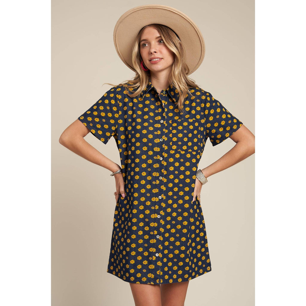 Yellow Flowers Button Down Denim Shirt Dress | Fashion Mini Dress [Available in SM]