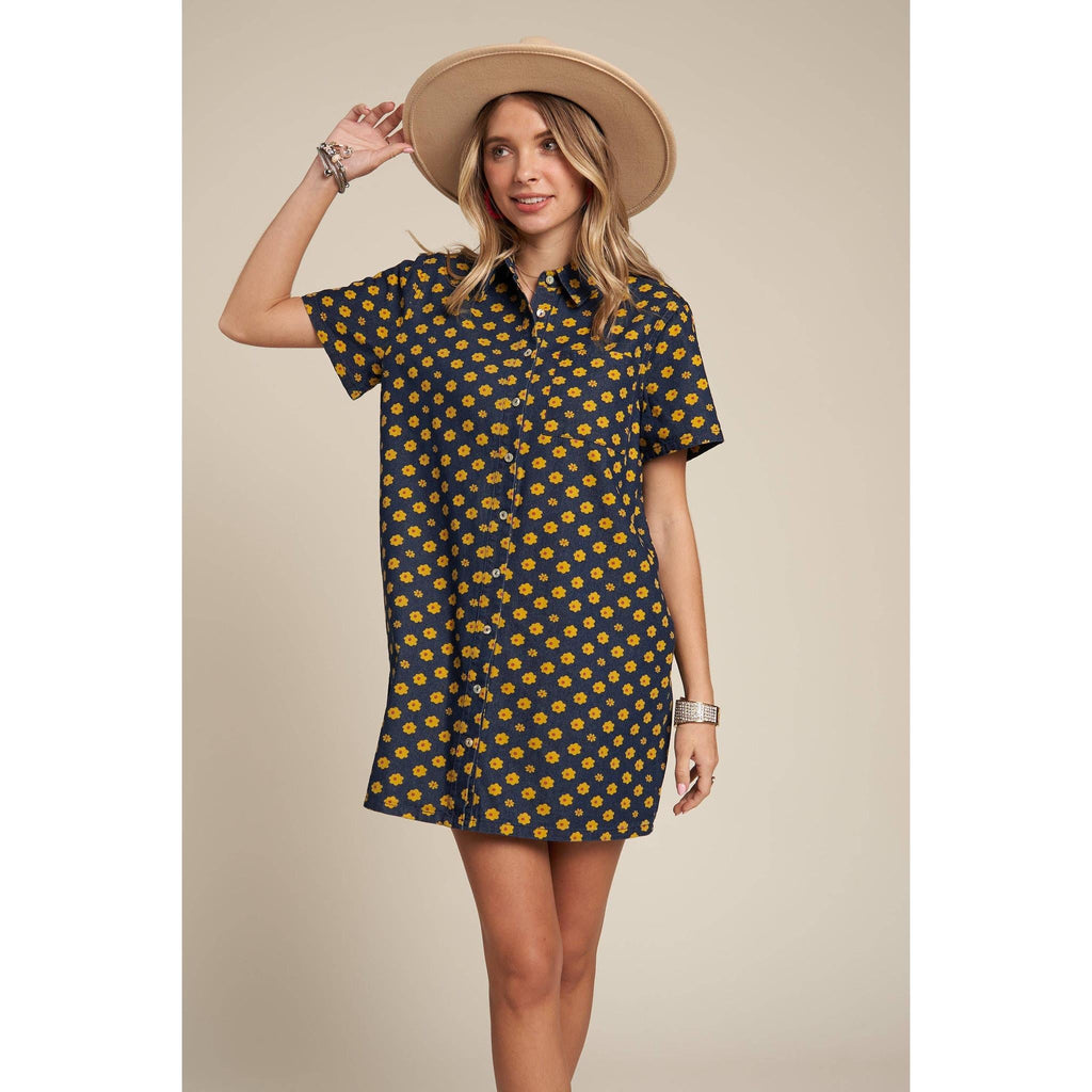 Yellow Flowers Button Down Denim Shirt Dress | Fashion Mini Dress [Available in SM]